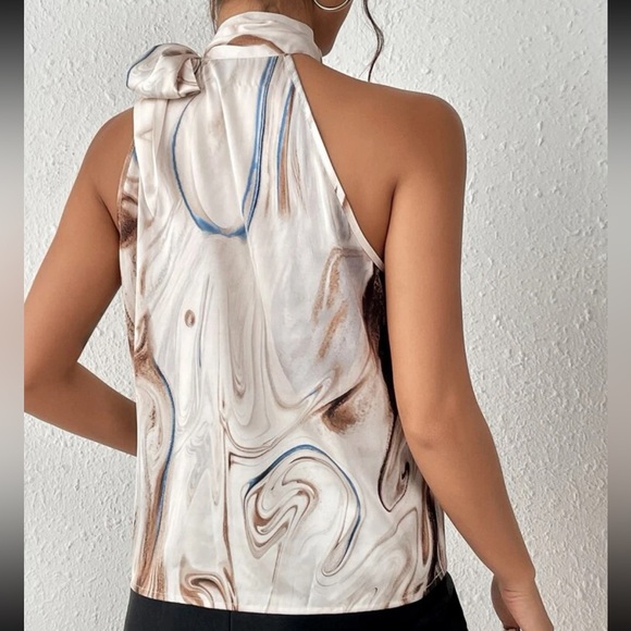 Elegant WaterColor Marble Print Tie Neck Cowl Neck Top Blouse Shirt Boho - Picture 2 of 6